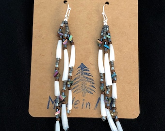 Dark Metallic Matte Silver, Matte Bronze, Iridescent Beaded Shell Strand Earrings