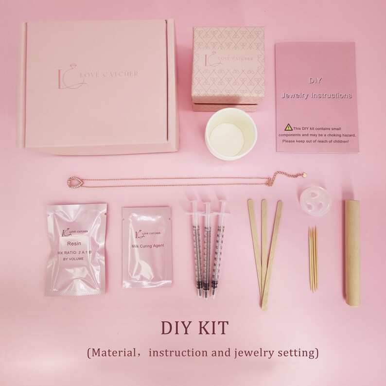 a DIY kit for jewelry making, including various materials, instructions, and a jewelry setting.