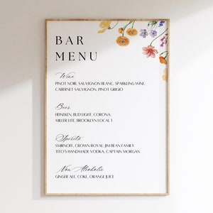 W08 - Menú de bar (8 x 10) (5 x 7) - Plantilla de tarjeta de menú de bar para bodas con temática de flores silvestres - Colorida, elegante y linda - Descarga digital - Imprimible