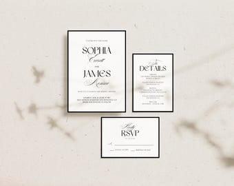 Plantilla de invitación de boda elegante en blanco y negro (descarga digital)