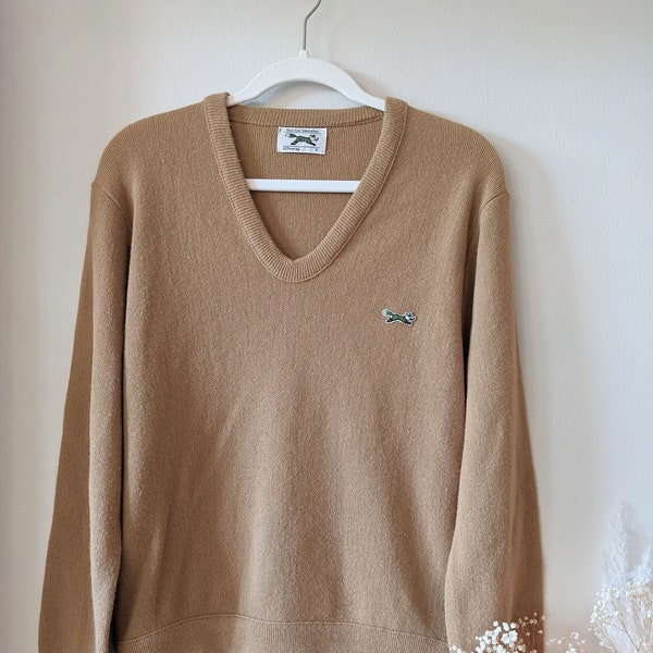 Vintage Tan Sweater 80s V-Neck Pullover Fox Sweater JCPenney Cozy Fit Extra Long Sleeve Size Small Medium