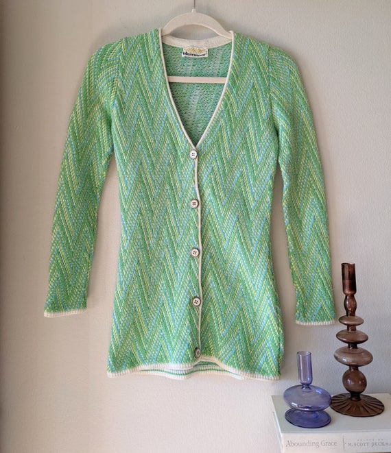 Green Knit Cardigan, Mod Sweater, Green Cardigan,… - image 1