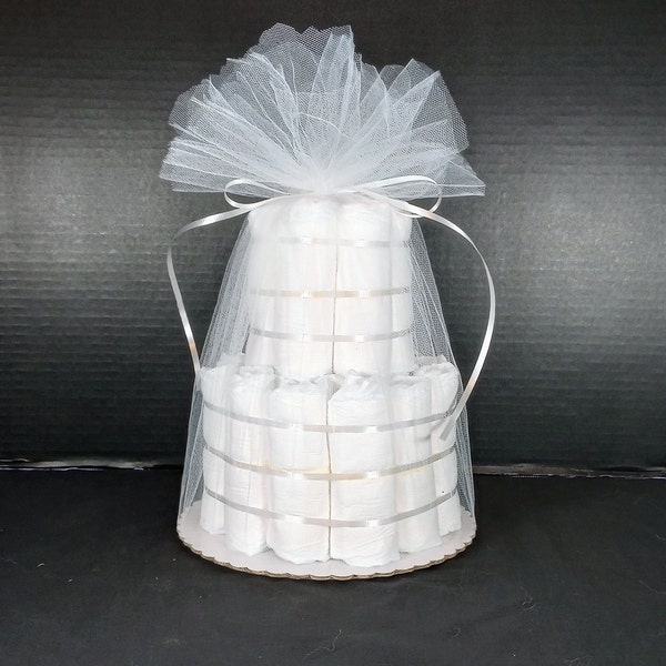 Diaper Cake 2 Tier, Undecorated, Rolled w/ Tulle, 27 Size 1 Disposable Diapers, YOU decorate!