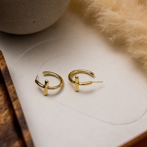 Gold Cross Hoop Earring Modern Minimalist Stylish Studs Shiny Gold plated finish Open Hoop Gift for her Christmas Gift