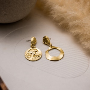 Gold Vintage Coin Earring Asymmetric Engraving Ancient Guardian for Religious Gift for her Birthday and Christmas