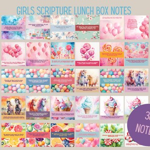 Op de afbeelding: Een set van 30 printbare lunchbox-notities met aquarel-illustraties en inspirerende Bijbelteksten voor meisjes. De notities hebben thema's zoals eenhoorns, snoep en fruit.