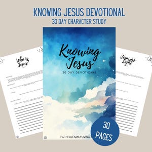 Op de afbeelding: Een 30-daagse devotionele studiegids met een blauwe aquarel achtergrond met wolken. De titel is "Knowing Jesus" en de tekst zegt "30 Day Devotional". De gids bevat 30 pagina's.