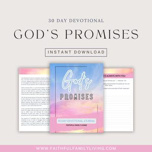 May include: A devotional journal titled "God's Promises" with a blue and pink cover, featuring the text "God's Promises" in white script. The journal is open to reveal lined pages. The words "Instant Download" are also visible.