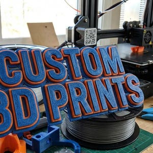 May include: A 3D-printed sign with the words "CUSTOM 3D PRINTS" in blue and orange. The sign is in front of a 3D printer, with spools of filament in orange, blue, and gray. The scene suggests a custom 3D printing service.
