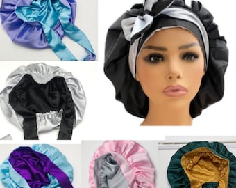 Bonnet de soin des cheveux en satin double épaisseur avec lien long | Réversible | Meilleure vente | Protège les cheveux des dommages | Plusieurs couleurs