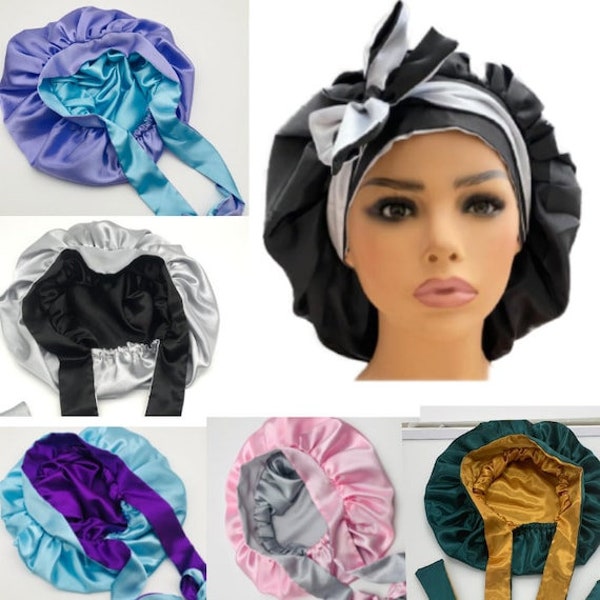 Double Layer Silk Charmeuse Satin Hair care Bonnet with long tie | Reversible  | Bestseller | Protects hair from damage | Multiple colours