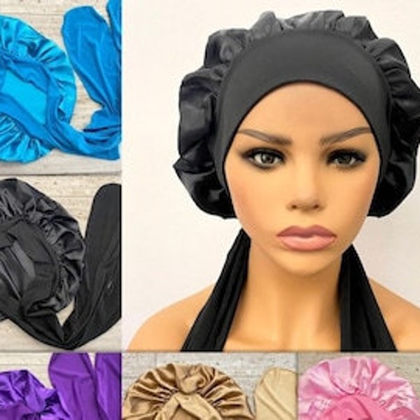 Bonnet en satin soyeux avec lien long | Doublure simple, protège les cheveux des dommages | femmes Soins des cheveux | Plusieurs couleurs