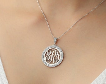 Personalized Pave Diamond Initial Monogram Necklace, 3 Initial Monogram Necklace, Monogram Pendant Necklace, Monogram Letter Circle Pendant