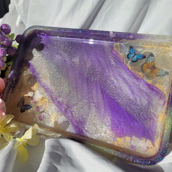 Butterfly Resin Tray - Handmade Resin Tray - Vanity Tray - Large resin tray - All purpose tray - Decorative resin tray - Deep Vanity Tray