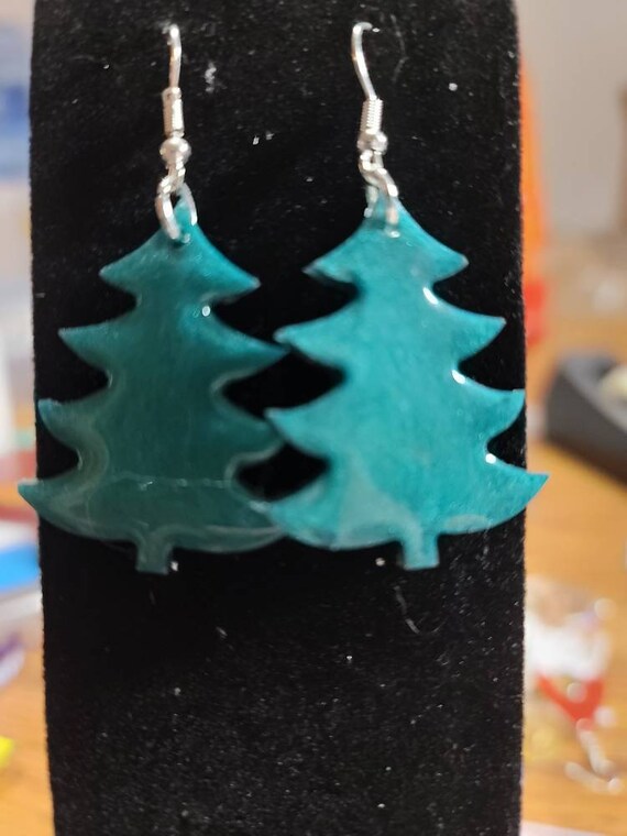 Christmas Tree -  earrings -  sparkly - lightweight - fun - made with resin - cute - easy to wear with fish hook wire and stopper.