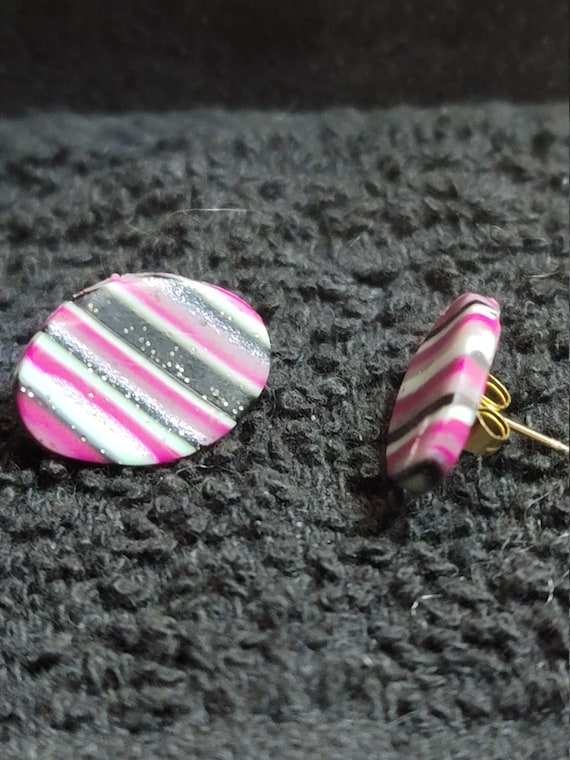 Clay earrings - ovals -  fun clay earrings - striped clay earrings - post clay earrings - polymer clay earrings - pink striped clay earrings