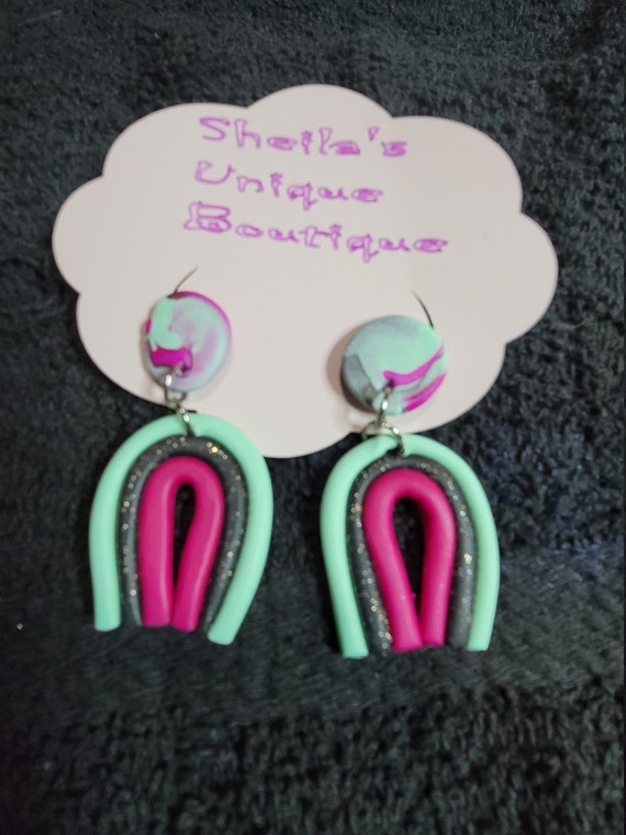 clay earrings - multi colored clay earrings - pink striped earrings - mini rainbow earrings - layered clay post earrings - handmade jewelry