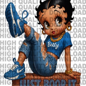 May include: Illustration of Betty Boop in blue ripped jeans and sneakers, with a blue crop top that says "Betty". She is wearing gold jewelry and is sitting on a brick wall that says "Just Boop It".