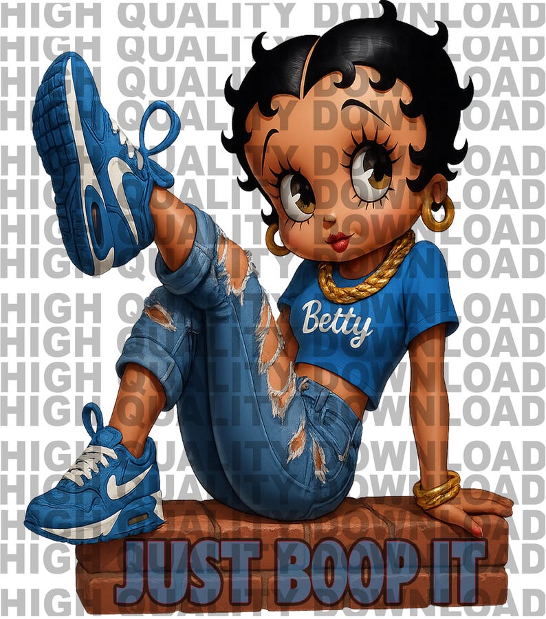 May include: Illustration of Betty Boop in blue ripped jeans and sneakers, with a blue crop top that says "Betty". She is wearing gold jewelry and is sitting on a brick wall that says "Just Boop It".