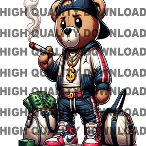 May include: A cartoon teddy bear wearing a blue and red baseball cap, a blue and white jacket, blue jeans, and red and white sneakers. The bear is holding a lit joint in its right paw and has a gold chain with a dollar sign pendant around its neck. The bear is standing next to a white bag with a gold handle and a white bag with a black strap. There are stacks of cash and coins on the ground.