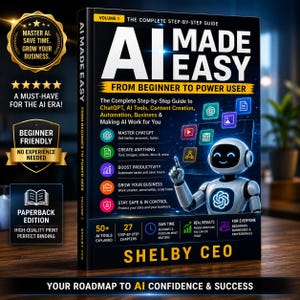 May include: A black paperback book titled AI MADE EASY FROM BEGINNER TO POWER USER by Shelby CEO. The cover features a white robot, colorful icons, and text detailing a guide to ChatGPT, AI tools, automation, and business growth strategies.