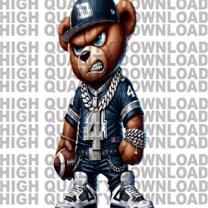 May include: A cartoon teddy bear wearing a blue and white jersey with the number "4" on the front, a blue baseball cap with a white "D" on the front, a gold chain, and a gold bracelet. The bear is holding a brown football and is wearing blue jeans and white and blue sneakers.