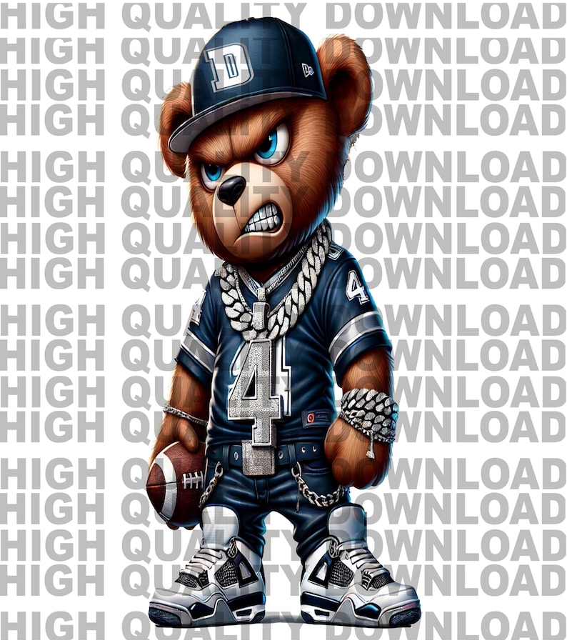 May include: A cartoon teddy bear wearing a blue and white jersey with the number "4" on the front, a blue baseball cap with a white "D" on the front, a gold chain, and a gold bracelet. The bear is holding a brown football and is wearing blue jeans and white and blue sneakers.