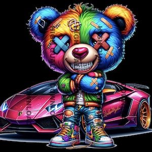 Graffiti Hip Hop Teddy Bear in front of Lamborghini , Cartoon Teddy Bear, Torn patches, sublimation, digital download, Street wear png, jpeg