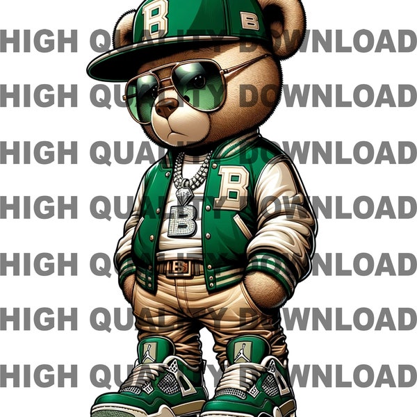 Graffiti Hip Hop Teddy Bear, Varsity Jacket, Cartoon Teddy Bear, Green, White,  sublimation, digital download, t-shirts png