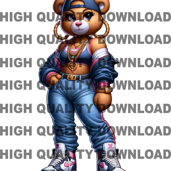 Female Hip Hop Teddy Bear holding money, designer Bear PNG, Cash, sublimation, digital download, t-shirts, 80s png