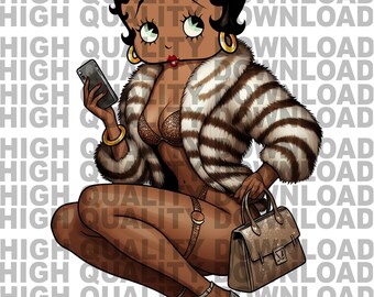 May include: A cartoon illustration of a woman with brown skin wearing a striped fur coat, a gold sequined bra, and a gold handbag. She is holding a smartphone in her left hand and has a gold hoop earring in her right ear.