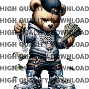 Graffiti Hip Hop Teddybär, der Geld hält, Cartoon Teddybär, Bargeld, Sublimation, digitaler Download, T-Shirts png