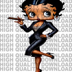 May include: A cartoon illustration of a woman with black hair, wearing a black suit, black heels, and holding a cigar. She has a diamond earring in each ear and a nose ring. The background is white with the text "HIGH QUALITY DOWNLOAD" repeated.