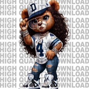 May include: A cartoon bear wearing a blue and white baseball cap with the letter 'D' on it, a white jersey with the number '4' on it, blue jeans, and white and blue sneakers. The bear is wearing large round glasses and has brown curly hair.