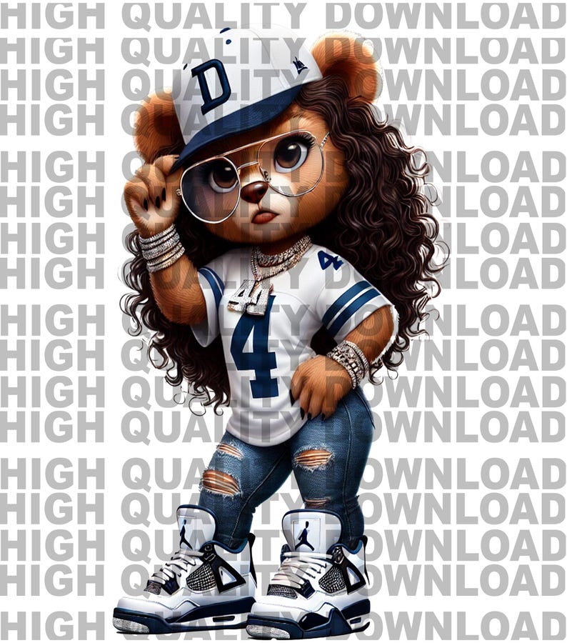 May include: A cartoon bear wearing a blue and white baseball cap with the letter 'D' on it, a white jersey with the number '4' on it, blue jeans, and white and blue sneakers. The bear is wearing large round glasses and has brown curly hair.
