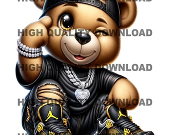 Graffiti Hip Hop Teddy Bear, Cartoon Teddy Bear, Black Yellow, Pittsburgh png, digital download, Perfect for t-shirts more png, jpeg