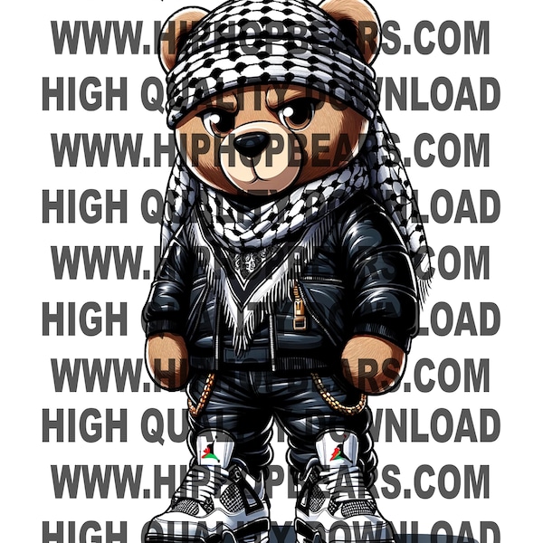 Hip Hop Teddy Bear png, Cartoon Teddy Bear, Palestinian Keffiyeh scarf, sublimation, digital download, png