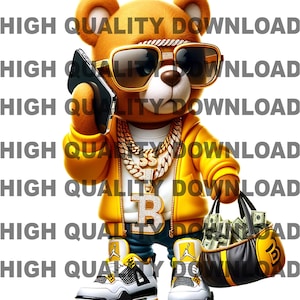 Graffiti Hip Hop Teddybär, der Geld hält, Cartoon Teddybär, Bargeld, Sublimation, digitaler Download, gelb, T-Shirts png