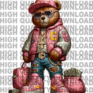 Graffiti Hip Hop Teddy Bear holding money, Cartoon Teddy Bear, Cash, sublimation, digital download, t-shirts png, Pink png