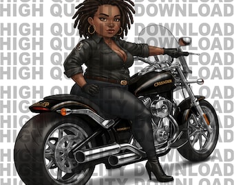 Curvy Black Woman on Crusader Motorcycle - Cartoon Illustration (PNG Digital Download)