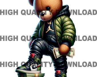 Graffiti Hip Hop Teddy Bear holding money, Cartoon Teddy Bear, Cash, sublimation, digital download, t-shirts png, jpeg