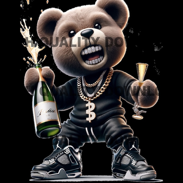 Graffiti Hip Hop Teddy Bear, Cartoon Teddy Bear, New Years, popping bottles sublimation, digital download, Perfect png, jpeg