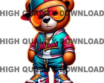 Graffiti Hip Hop Teddy Bear, Miami Bear PNG, Cartoon Teddy Bear, digital download, Miami PNG, Miami Streetwear