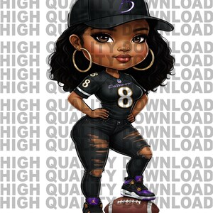 May include: A cartoon illustration of a woman wearing a black jersey with the number 8 and the word "Baltimore" on it. She is also wearing a black baseball cap with a purple letter B on it, black jeans, and purple and black sneakers. She is standing with her right foot on a brown football.
