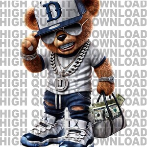 May include: A brown teddy bear wearing a blue and white baseball cap with a 'D' logo, sunglasses, a gold chain, and a white shirt. The bear is holding a brown leather bag filled with cash and wearing blue jeans and white and blue sneakers.