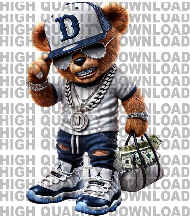 May include: A brown teddy bear wearing a blue and white baseball cap with a 'D' logo, sunglasses, a gold chain, and a white shirt. The bear is holding a brown leather bag filled with cash and wearing blue jeans and white and blue sneakers.