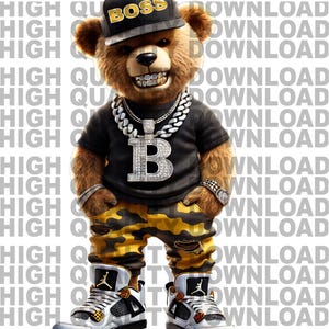 Graffiti Hip Hop Teddy Bear holding money, Cartoon Teddy Bear, Cash, sublimation, digital download, Yellow, Digital Design, png, Boss png