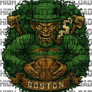 Boston Basketball Leprechaun PNG | 300 DPI Digital Design | Fierce Green Mascot with Shamrocks | Irish Basketball Theme | No Background