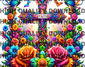 Watercolor Cross PNG – Floral Butterfly Christian Design (Digital Download)