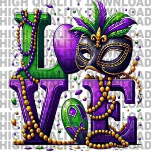 マルディグラ LOVE PNG | 高解像度 300 DPI デジタル ダウンロード | お祝いのグリッター テキストとマスク | ニューオーリンズ | 即時ダウンロード